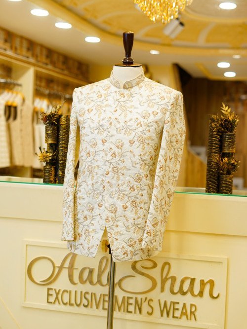 Graceful Off-White Prince Coat for Men with Skin-Toned Hand Embroidery – A Refined Look for Weddings and Celebrations