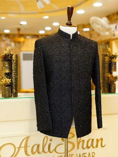 Majestic Black Prince Coat for Men with Intricate Black-on-Black Hand Embroidery – A Bold and Elegant Look for Formal Events
