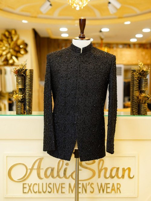 Majestic Black Prince Coat for Men with Intricate Black-on-Black Hand Embroidery – A Bold and Elegant Look for Formal Events