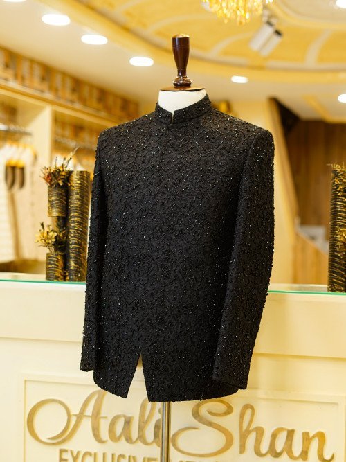 Majestic Black Prince Coat for Men with Intricate Black-on-Black Hand Embroidery – A Bold and Elegant Look for Formal Events