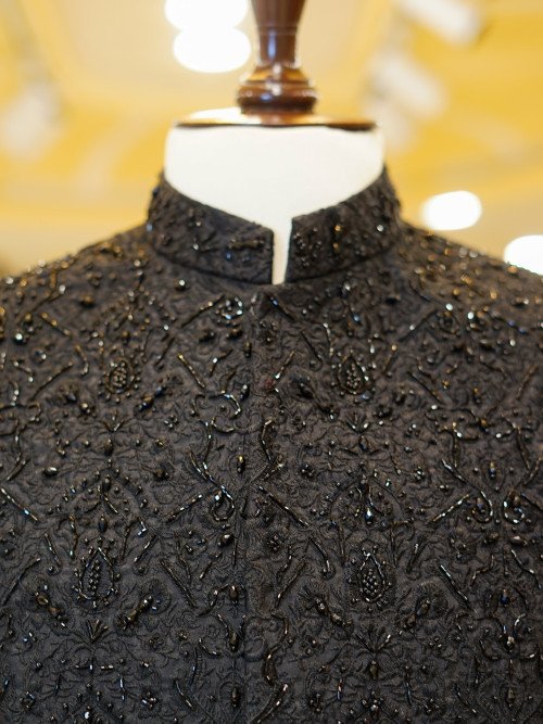 Majestic Black Prince Coat for Men with Intricate Black-on-Black Hand Embroidery – A Bold and Elegant Look for Formal Events