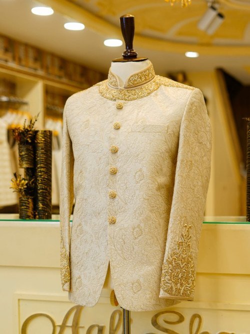 Skin Tone Prince Coat with Full Hand Work Embroidery – Subtle Elegance & Royalty