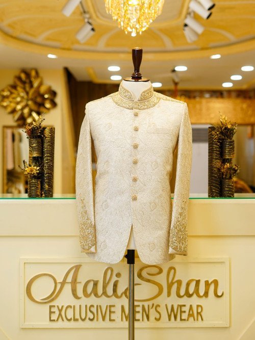 Skin Tone Prince Coat with Full Hand Work Embroidery – Subtle Elegance & Royalty