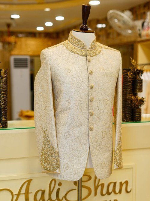 Skin Tone Prince Coat with Full Hand Work Embroidery – Subtle Elegance & Royalty