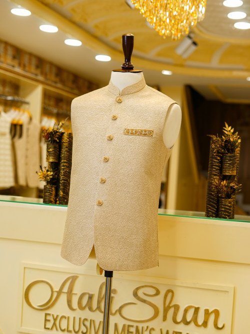 Men's Skin Color Embroidered Waistcoat with Elegant Detailing for Weddings and Cultural Events