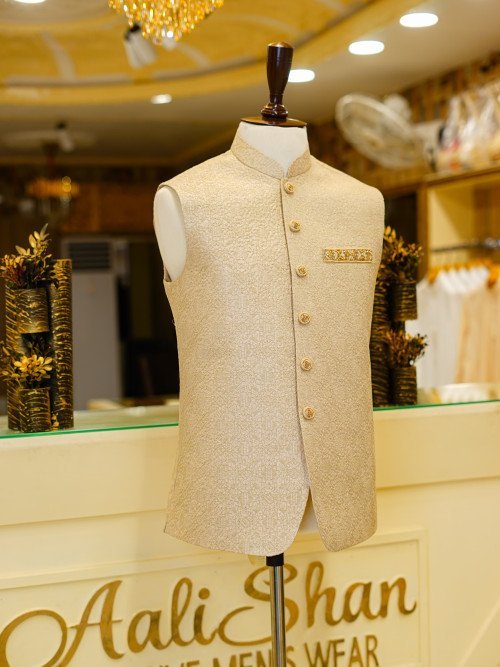 Men's Skin Color Embroidered Waistcoat with Elegant Detailing for Weddings and Cultural Events