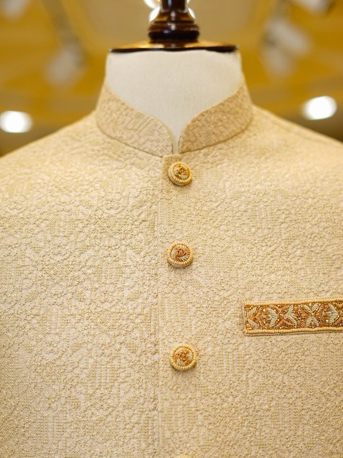 Men's Skin Color Embroidered Waistcoat with Elegant Detailing for Weddings and Cultural Events