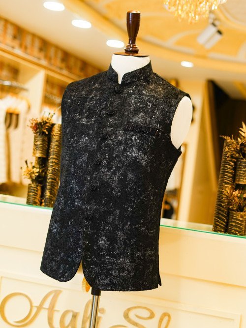 Classic Black Embroidered Waistcoat for Men with Intricate Detailing for Formal and Festive Wear