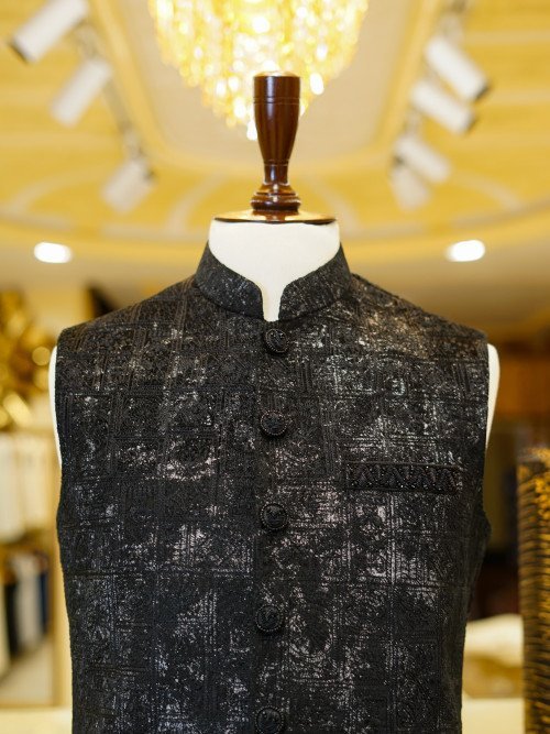 Classic Black Embroidered Waistcoat for Men with Intricate Detailing for Formal and Festive Wear