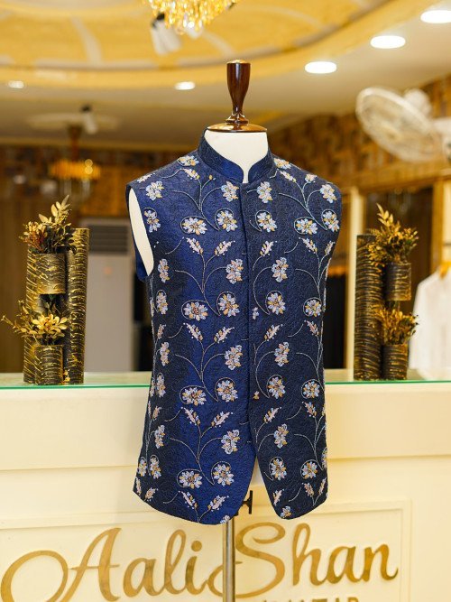 Royal Blue Waistcoat for Men with Hand-Worked Floral Embroidery – A Statement Piece for Festive and Formal Occasions