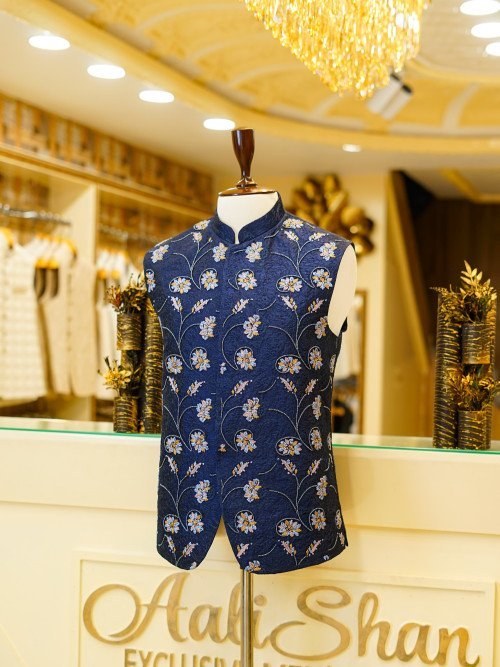Royal Blue Waistcoat for Men with Hand-Worked Floral Embroidery – A Statement Piece for Festive and Formal Occasions