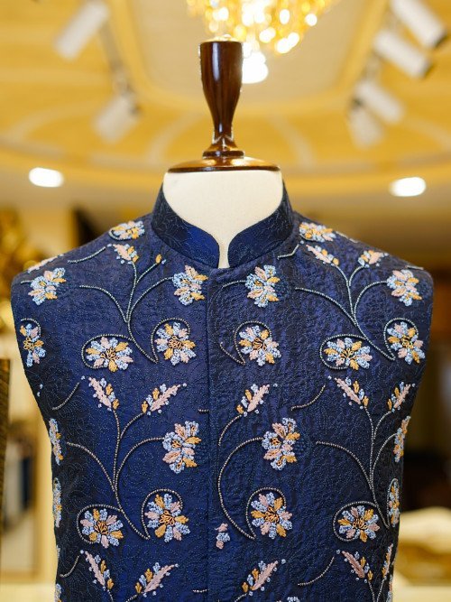 Royal Blue Waistcoat for Men with Hand-Worked Floral Embroidery – A Statement Piece for Festive and Formal Occasions