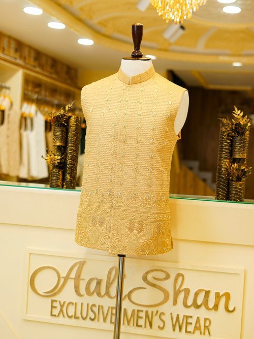 Skin Color Embroidered Waistcoat for Men with Traditional Detailing – Perfect for Weddings and Cultural Events