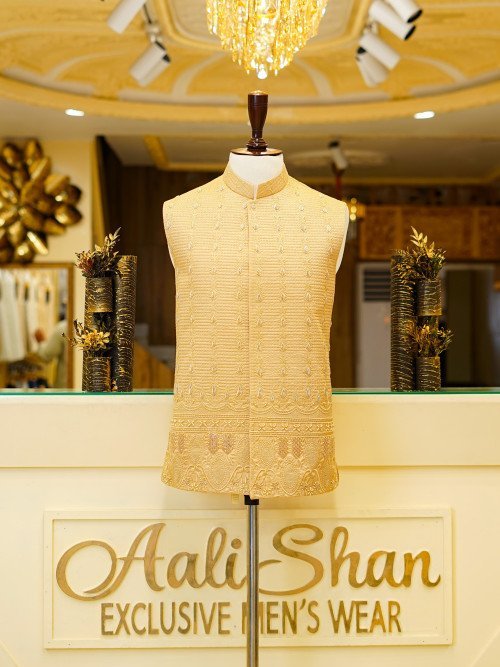 Skin Color Embroidered Waistcoat for Men with Traditional Detailing – Perfect for Weddings and Cultural Events