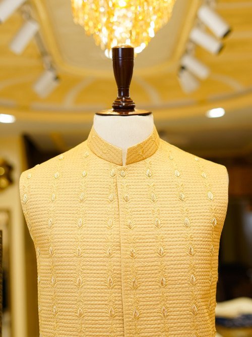 Skin Color Embroidered Waistcoat for Men with Traditional Detailing – Perfect for Weddings and Cultural Events