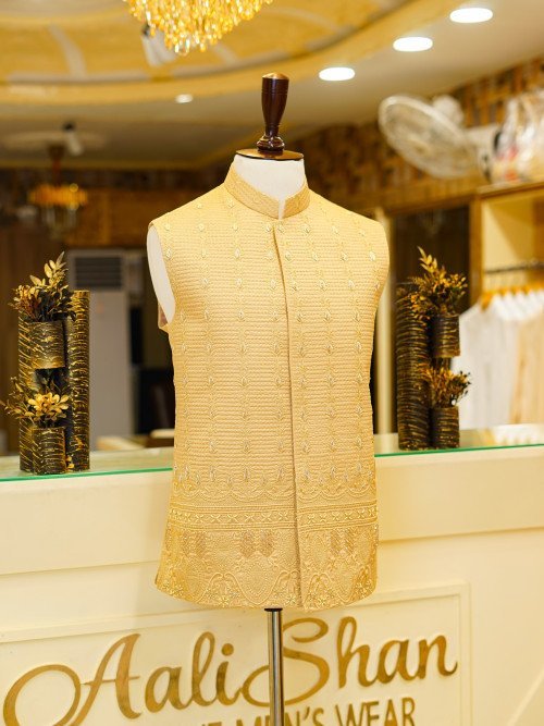 Skin Color Embroidered Waistcoat for Men with Traditional Detailing – Perfect for Weddings and Cultural Events