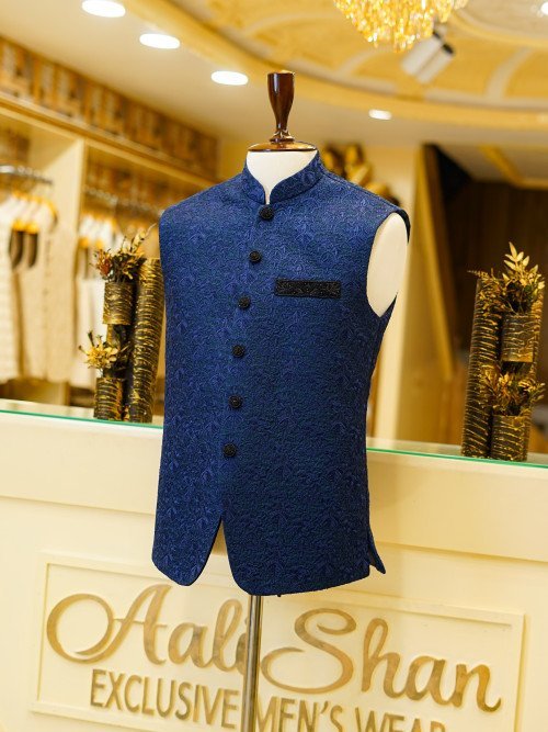Dark Blue Embroidered Waistcoat for Men with Elegant Detailing – Ideal for Formal Events and Traditional Wear