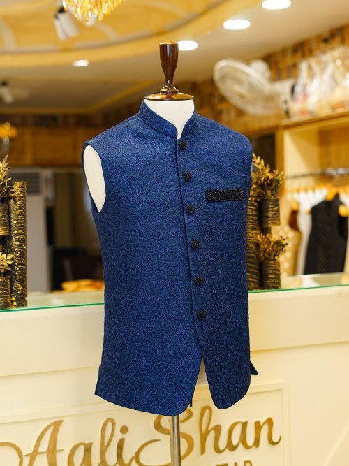 Dark Blue Embroidered Waistcoat for Men with Elegant Detailing – Ideal for Formal Events and Traditional Wear