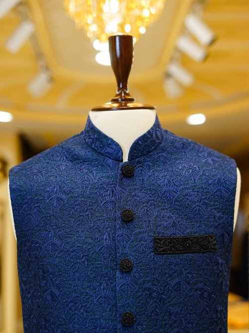 Dark Blue Embroidered Waistcoat for Men with Elegant Detailing – Ideal for Formal Events and Traditional Wear