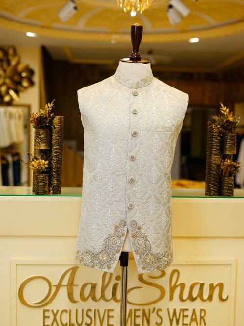 Men’s Waistcoat in Dark Skin Tone with Exquisite Hand Work Embroidery – A Perfect Blend of Tradition and Elegance