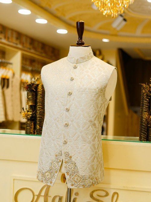 Men’s Waistcoat in Dark Skin Tone with Exquisite Hand Work Embroidery – A Perfect Blend of Tradition and Elegance