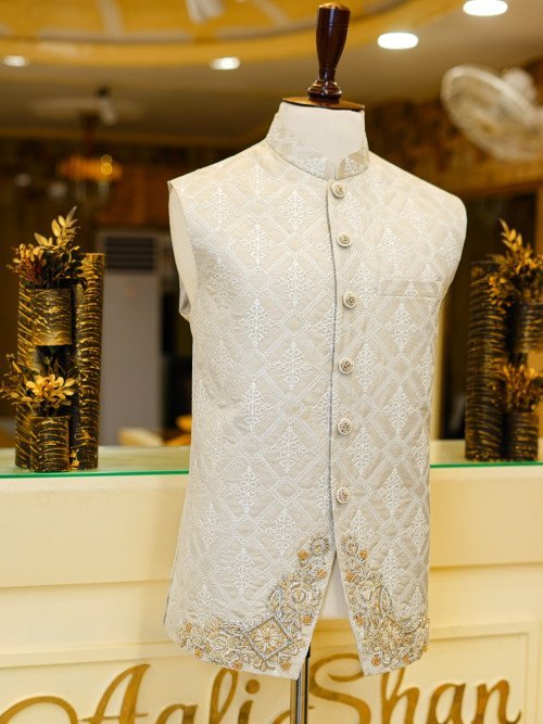 Men’s Waistcoat in Dark Skin Tone with Exquisite Hand Work Embroidery – A Perfect Blend of Tradition and Elegance