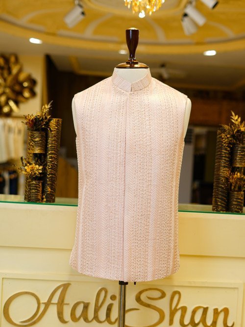 Elegant Light Pink Hand-Embroidered Waistcoat for Men – A Perfect Blend of Sophistication and Traditional Artistry