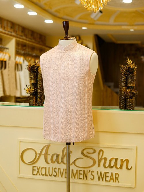 Elegant Light Pink Hand-Embroidered Waistcoat for Men – A Perfect Blend of Sophistication and Traditional Artistry