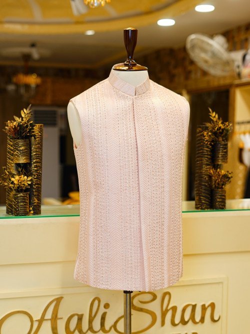 Elegant Light Pink Hand-Embroidered Waistcoat for Men – A Perfect Blend of Sophistication and Traditional Artistry