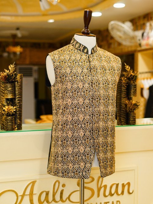 Classic Skin-Black Hand-Embroidered Waistcoat for Men – A Timeless Statement of Grace and Masculinity