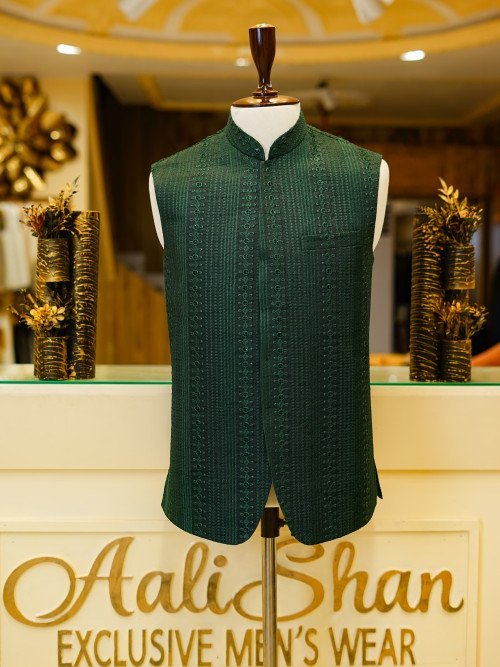 Regal Dark Green Embroidered Waistcoat for Men – A Bold Fusion of Tradition and Contemporary Elegance