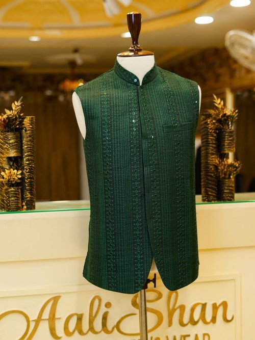 Regal Dark Green Embroidered Waistcoat for Men – A Bold Fusion of Tradition and Contemporary Elegance