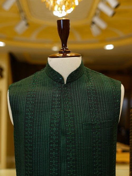 Regal Dark Green Embroidered Waistcoat for Men – A Bold Fusion of Tradition and Contemporary Elegance