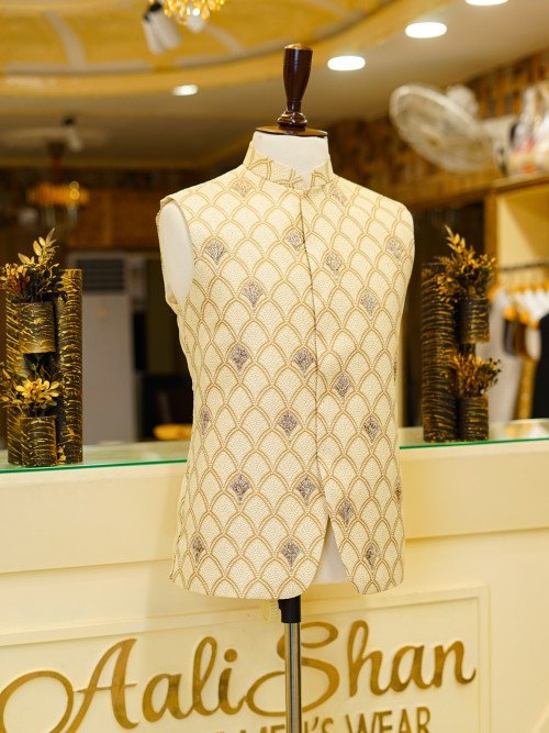 Graceful Skin-Toned Embroidered Waistcoat for Men – A Subtle Expression of Elegance and Traditional Craft