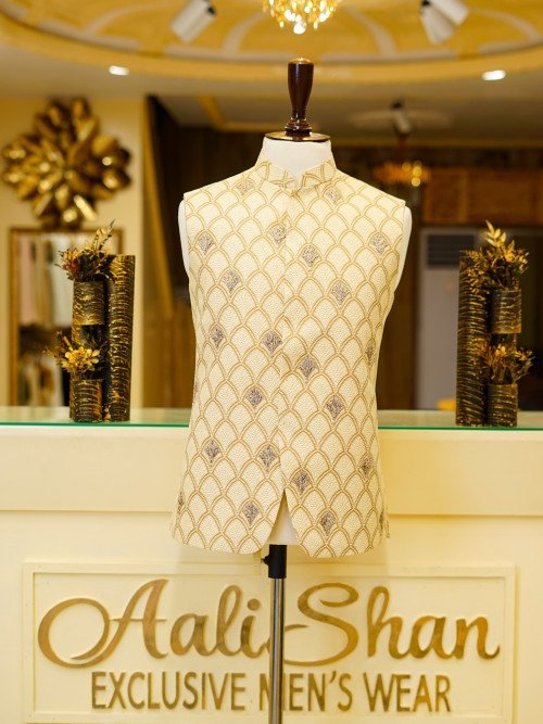 Graceful Skin-Toned Embroidered Waistcoat for Men – A Subtle Expression of Elegance and Traditional Craft