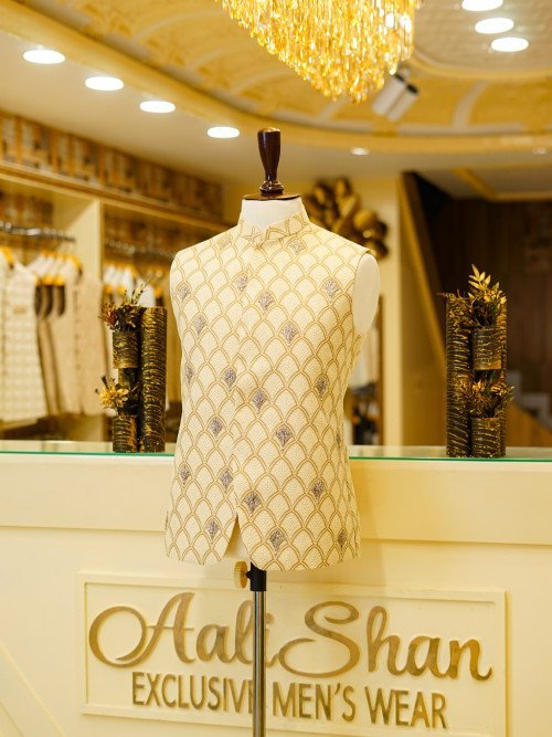 Graceful Skin-Toned Embroidered Waistcoat for Men – A Subtle Expression of Elegance and Traditional Craft