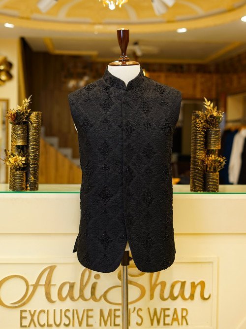 Timeless Black Embroidered Waistcoat for Men – A Perfect Blend of Classic Style and Artistic Detailing