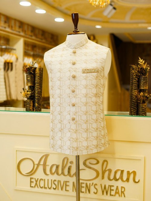 Elegant Skin-Colored Waistcoat for Men with Hand Work Embroidery – A Refined Blend of Subtlety and Heritage Craftsmanship