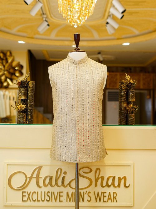Radiant Skin-Toned Waistcoat for Men with Mirror Work Embroidery