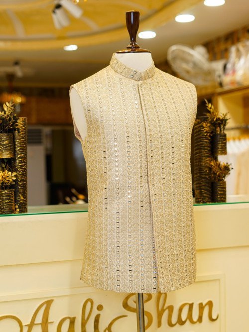 Radiant Skin-Toned Waistcoat for Men with Mirror Work Embroidery