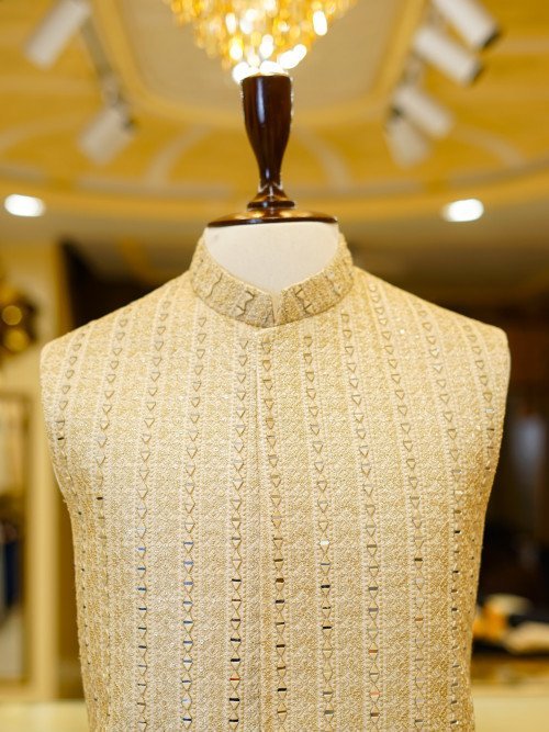 Radiant Skin-Toned Waistcoat for Men with Mirror Work Embroidery