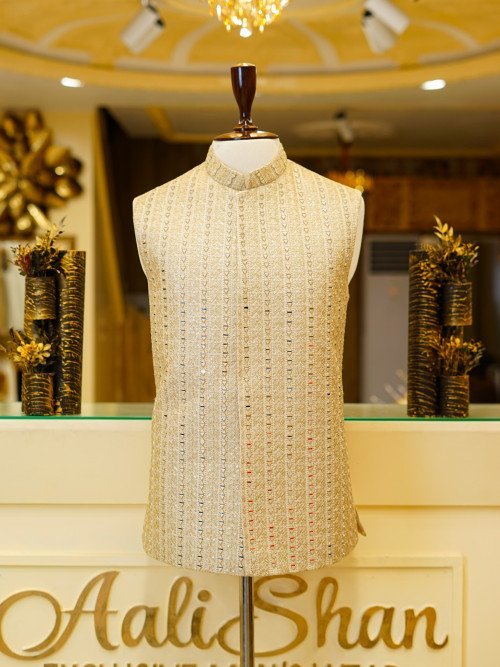 Radiant Skin-Toned Waistcoat for Men with Mirror Work Embroidery