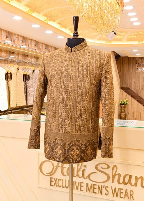 Classic Prince Coat for Men in Brown Styling with Elegant Embroidery – Premium Formal & Wedding Wear