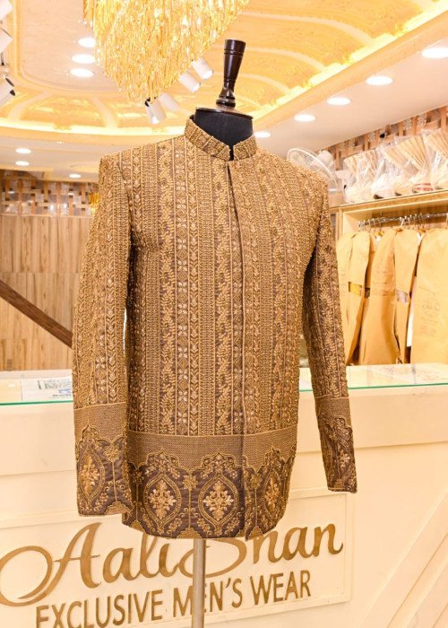 Classic Prince Coat for Men in Brown Styling with Elegant Embroidery – Premium Formal & Wedding Wear