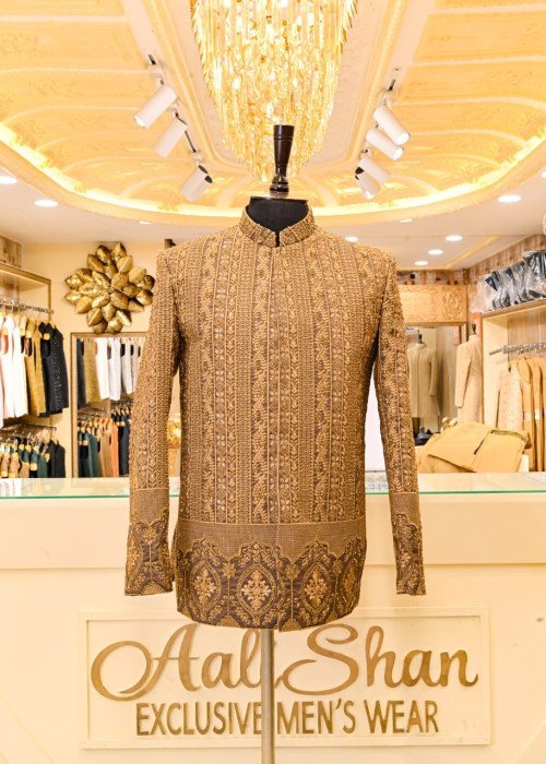 Classic Prince Coat for Men in Brown Styling with Elegant Embroidery – Premium Formal & Wedding Wear
