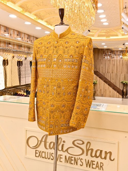Mehndi Night Prince Coat for Men with Elegant Hand Work Embroidery