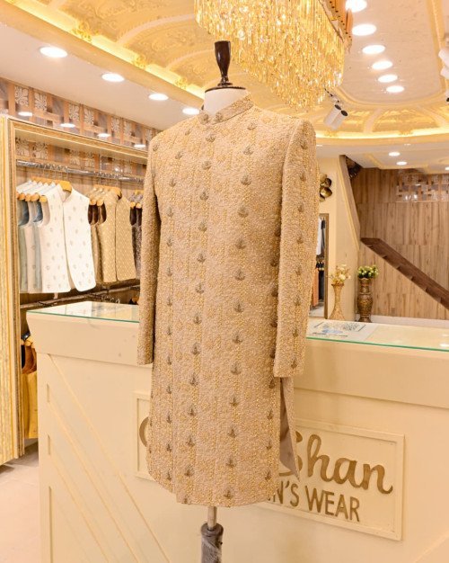 Sherwani for Men in Skin Styling with Elegant Hand Work Embroidery