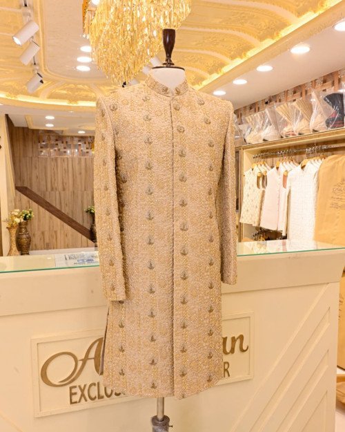 Sherwani for Men in Skin Styling with Elegant Hand Work Embroidery