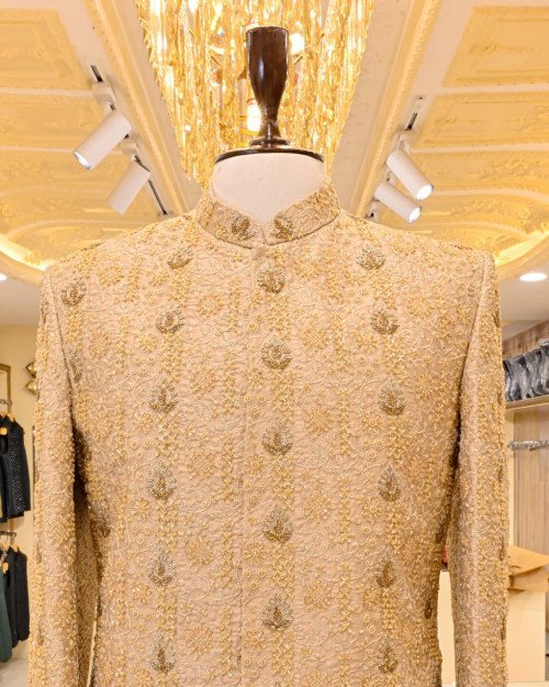 Sherwani for Men in Skin Styling with Elegant Hand Work Embroidery