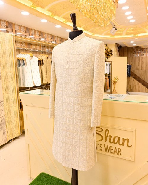 Sherwani for Men in White Styling with Elegant Hand Work Embroidery